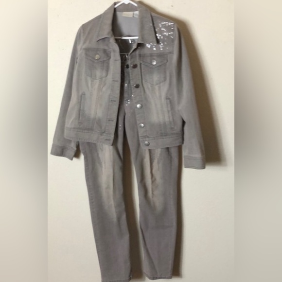 Gray jean jacket with matching jeans by Chico’s Platinum size 1 =M - Picture 3 of 12
